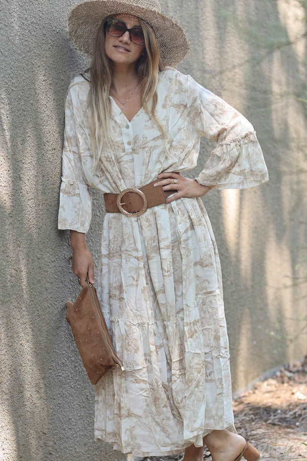 Tiered Maxi Dress With Toile De Jouy Beige Print