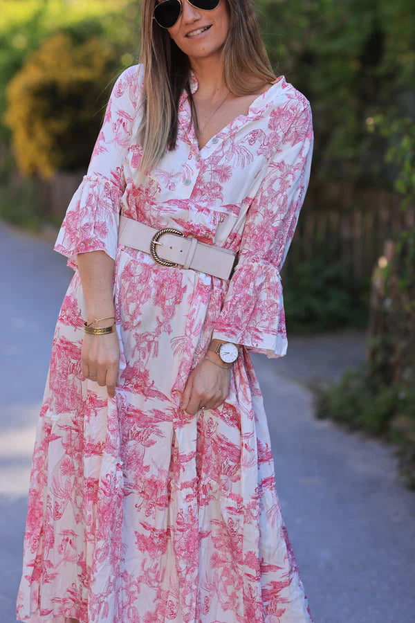 Tiered maxi dress with toile de jouy hot pink print