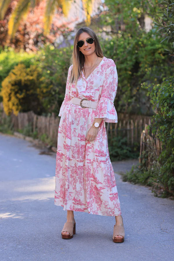 Tiered maxi dress with toile de jouy hot pink print