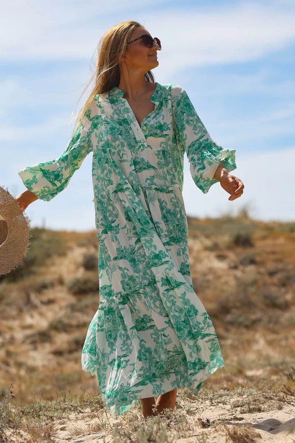 Tiered maxi dress with toile de jouy green print