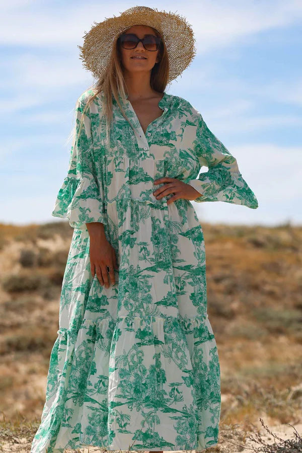 Tiered maxi dress with toile de jouy green print