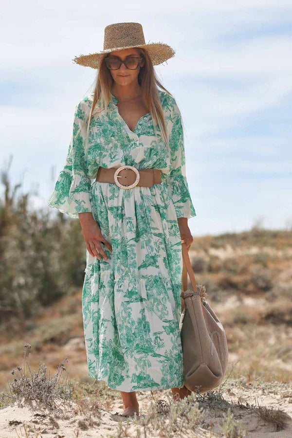 Tiered maxi dress with toile de jouy green print