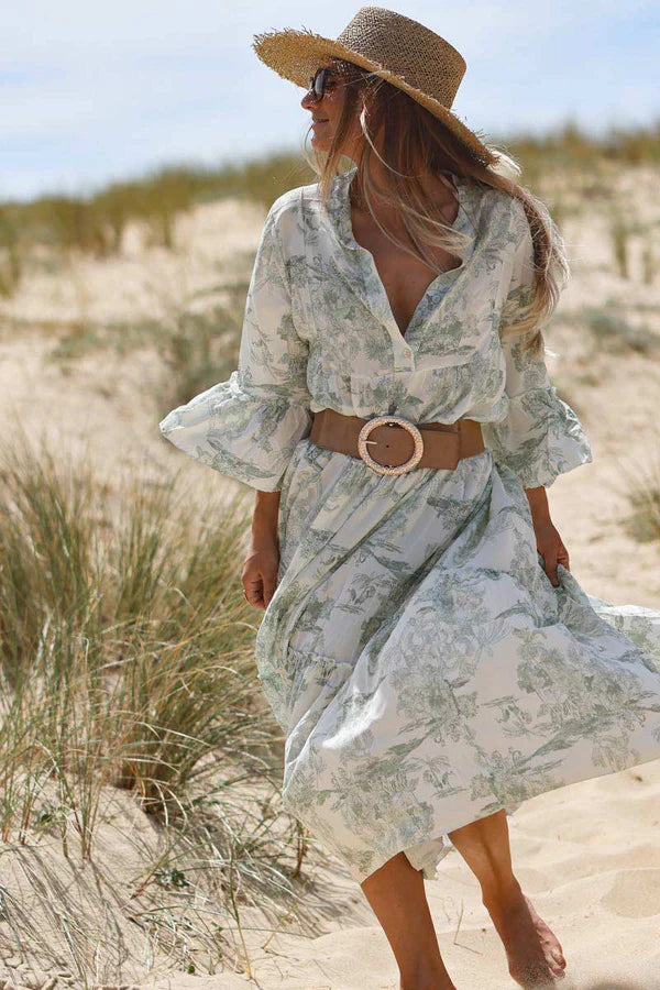 Women's Tiered Maxi Dress with Toile de Jouy Olive Print