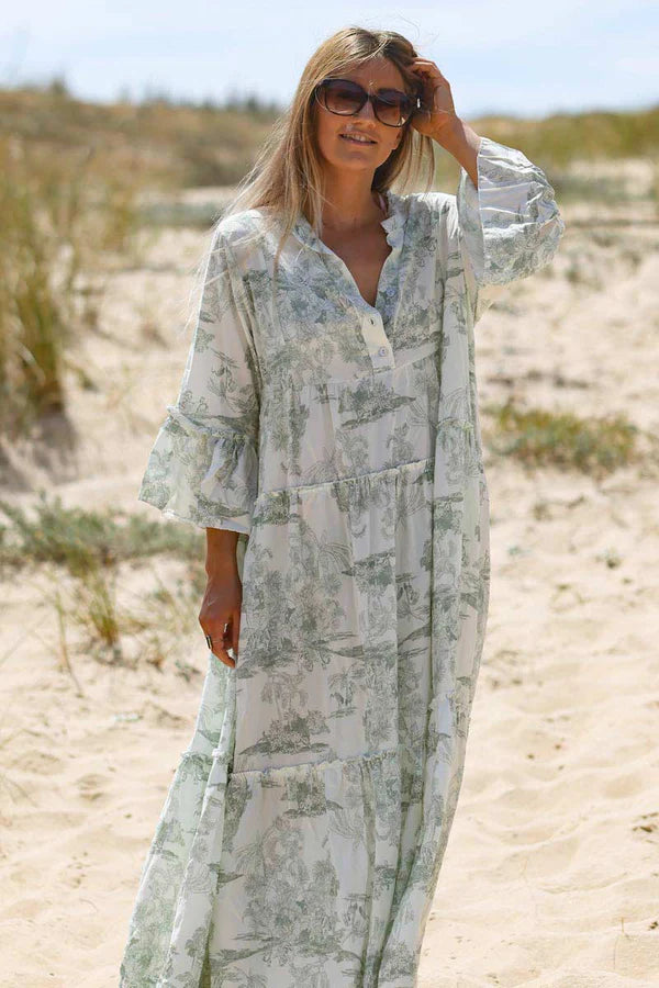 Tiered Maxi Dress with Toile de Jouy Olive Print