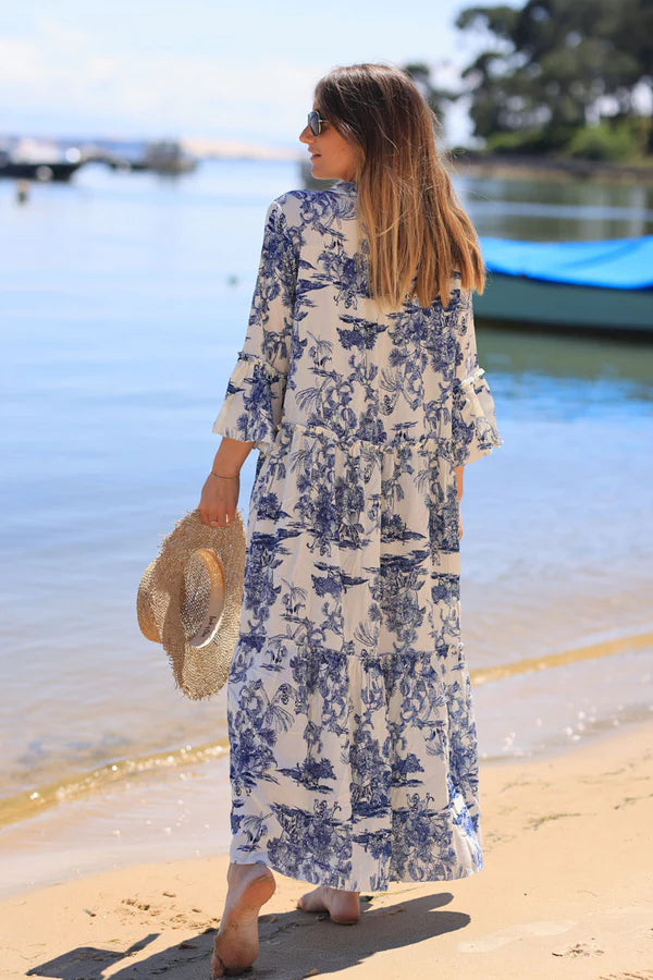 Tiered maxi dress with toile de jouy navy blue print