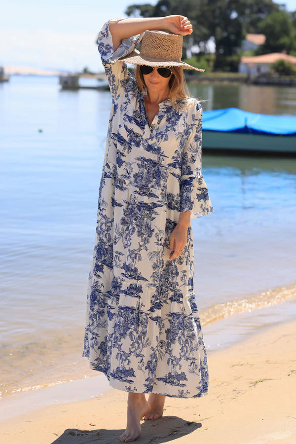 Tiered maxi dress with toile de jouy navy blue print