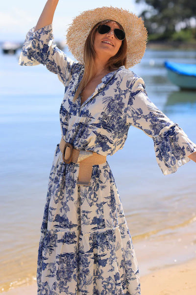 toile maxi dress Time After Blue Timeless style that is completely in Francesca Blue Toile Maxi Dress