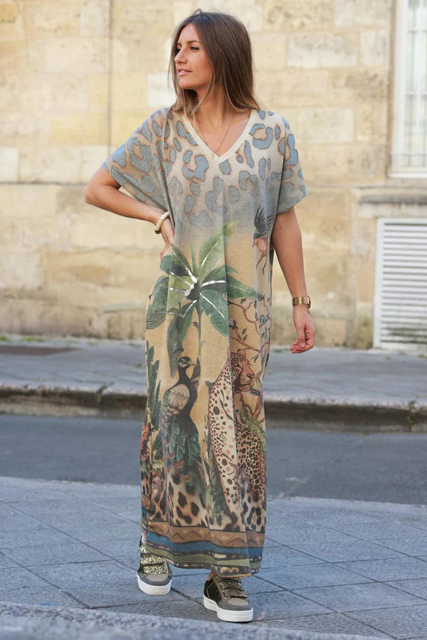 Maxi t-shirt dress with jungle leopard, palm and parrot print