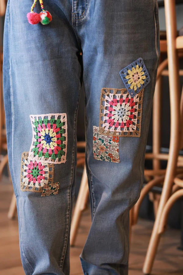 Medium Wash Crochet Squares Straight Leg Jeans