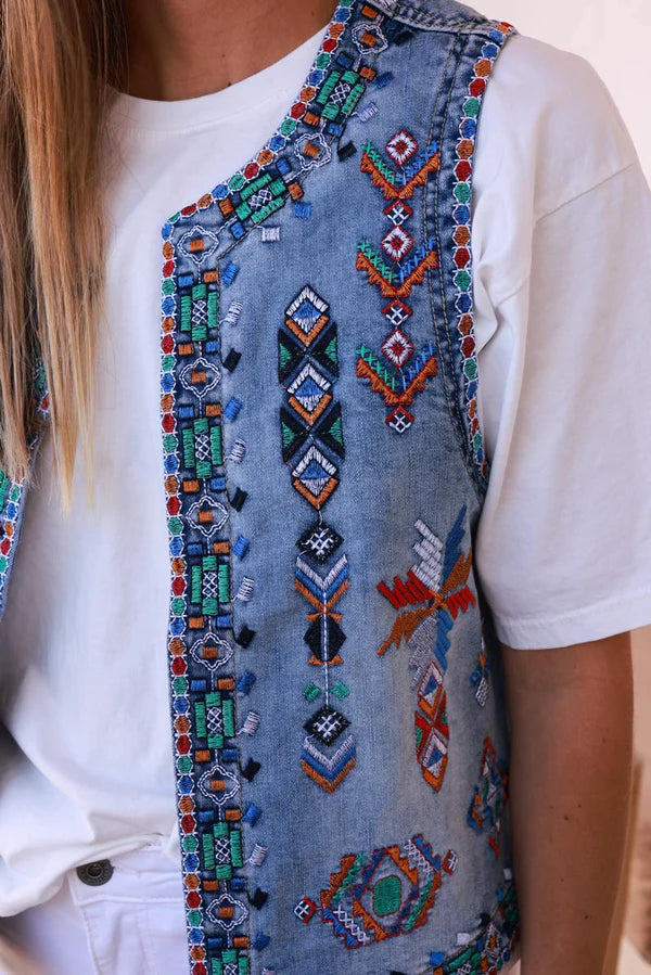 Medium Wash Tribal Embroidered Denim Vest