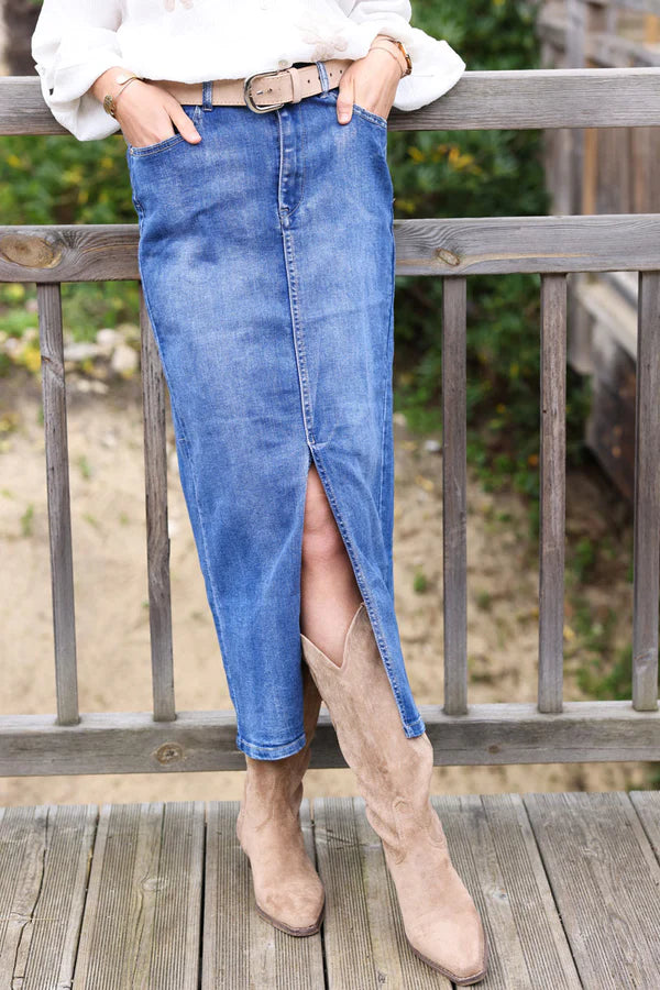 Mid washed denim maxi skirt with front slit