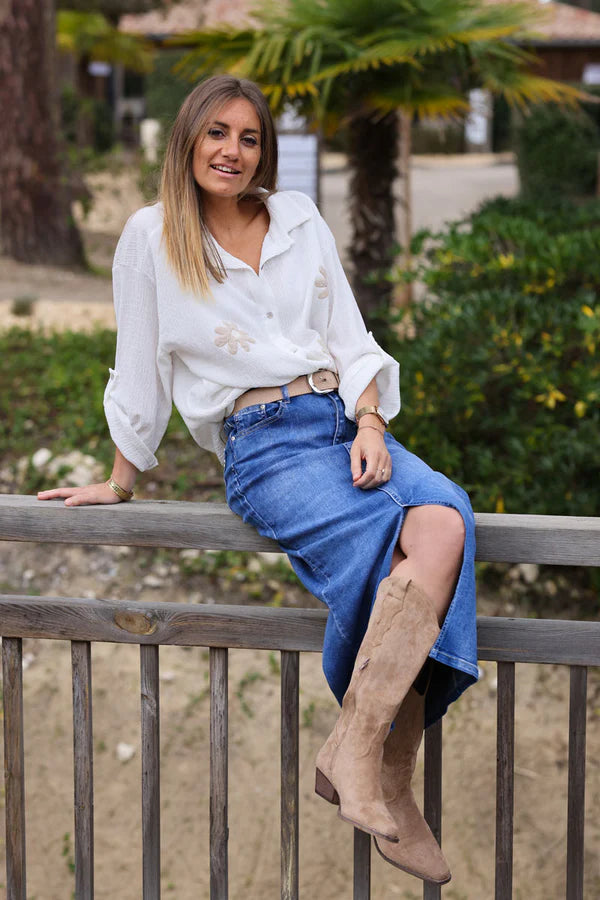 Mid washed denim maxi skirt with front slit