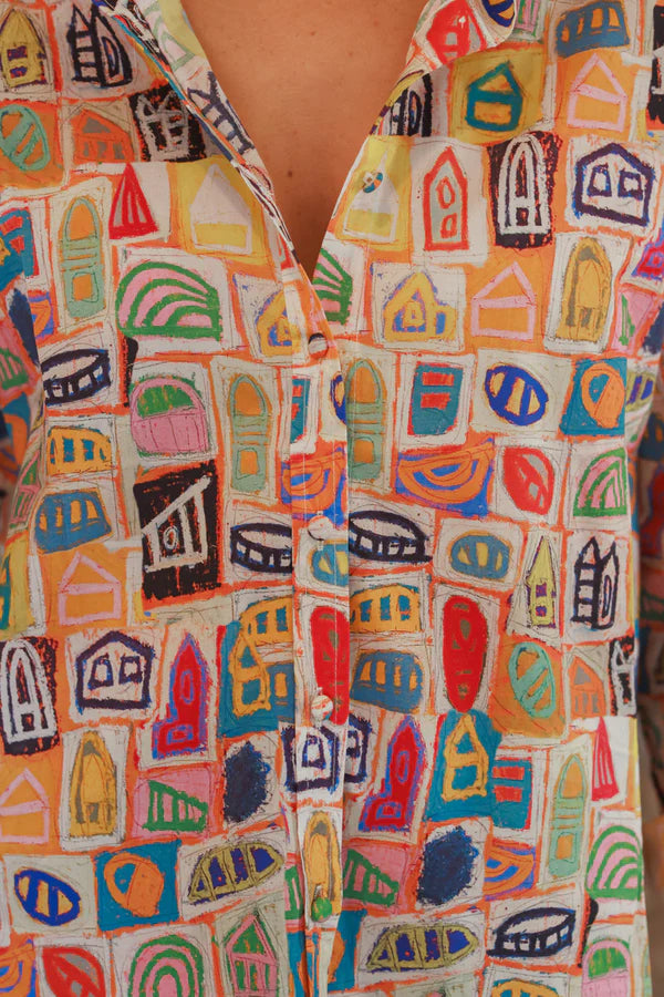 Multicolor Abstract Houses Cotton Button-Down Blouse