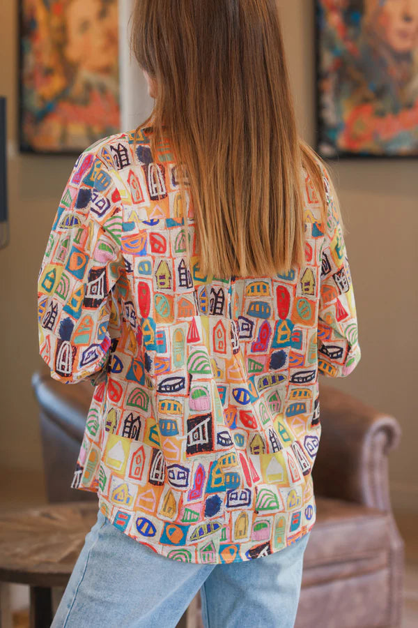 Multicolor Abstract Houses Cotton Button-Down Blouse