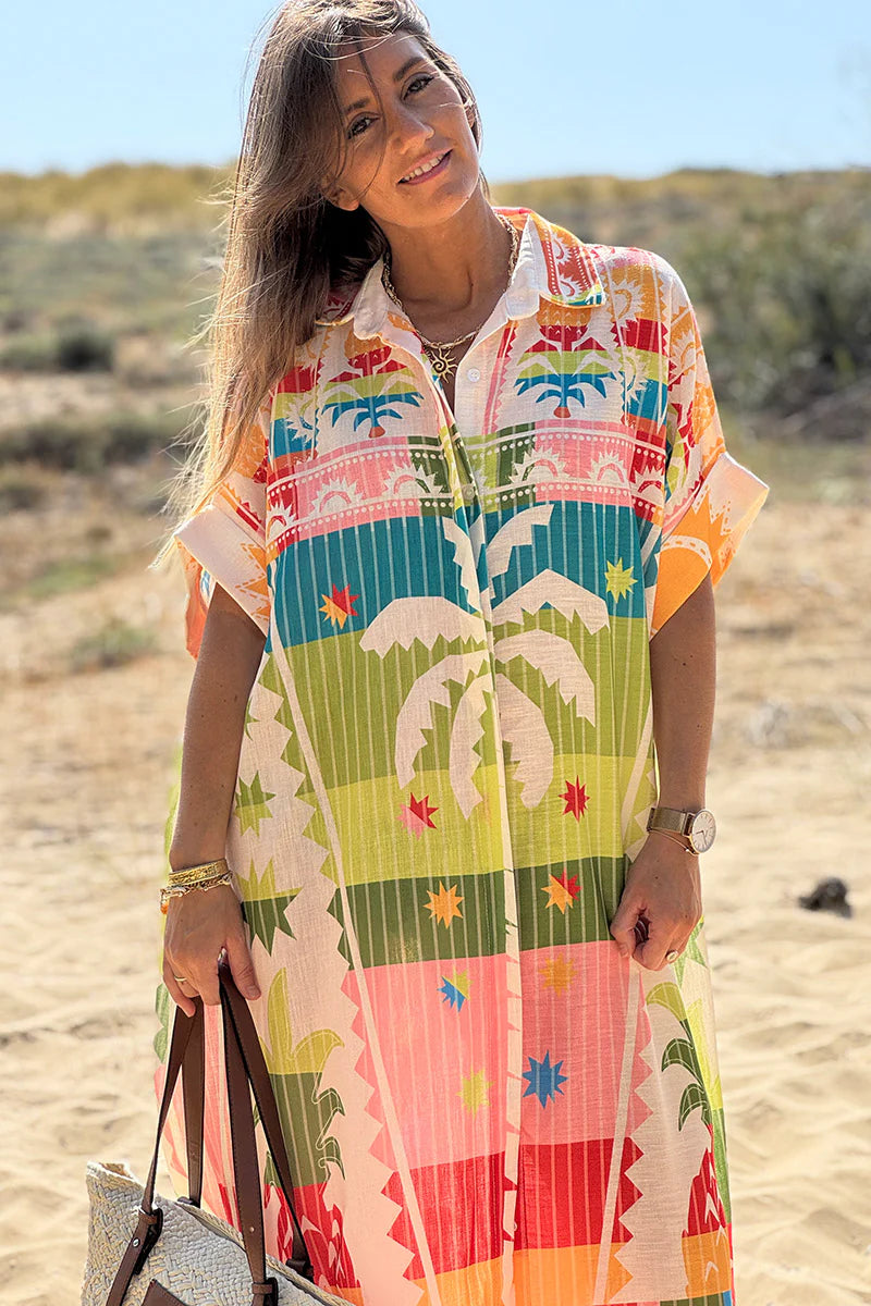 Multicolor Palm Beach Stripe Maxi Shirt Dress