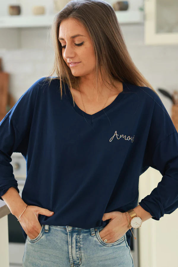 Navy blue “Amour” Long-Sleeve V-Neck Tee