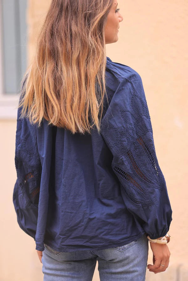 Navy blue Blouse with Open Crochet Sleeves