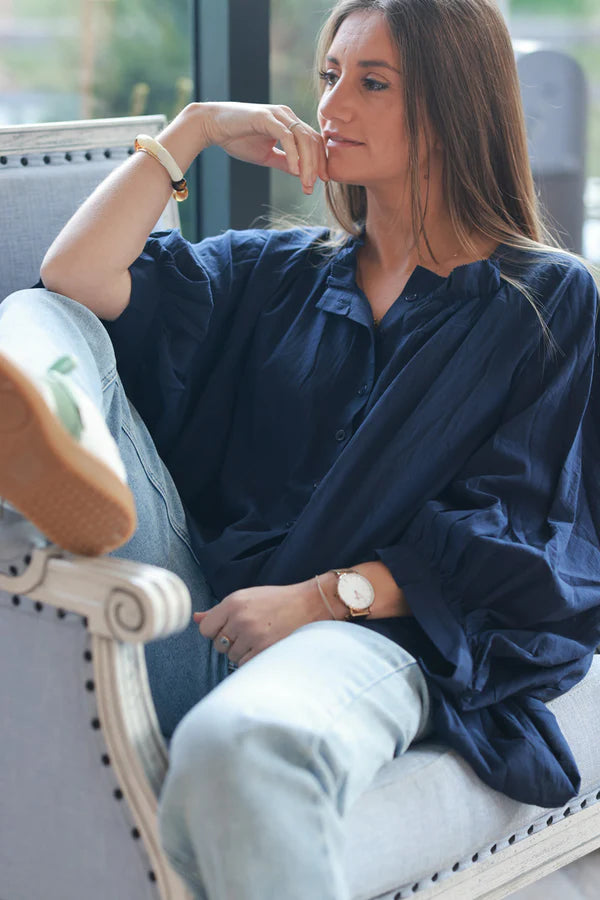 Navy Blue Cotton Button-Down Peasant Blouse