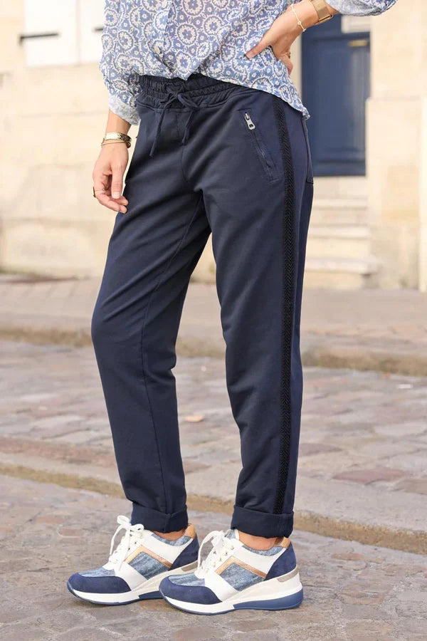 Navy blue Cotton Sweatpants Bottoms with Embroidered Cheveron Outseams