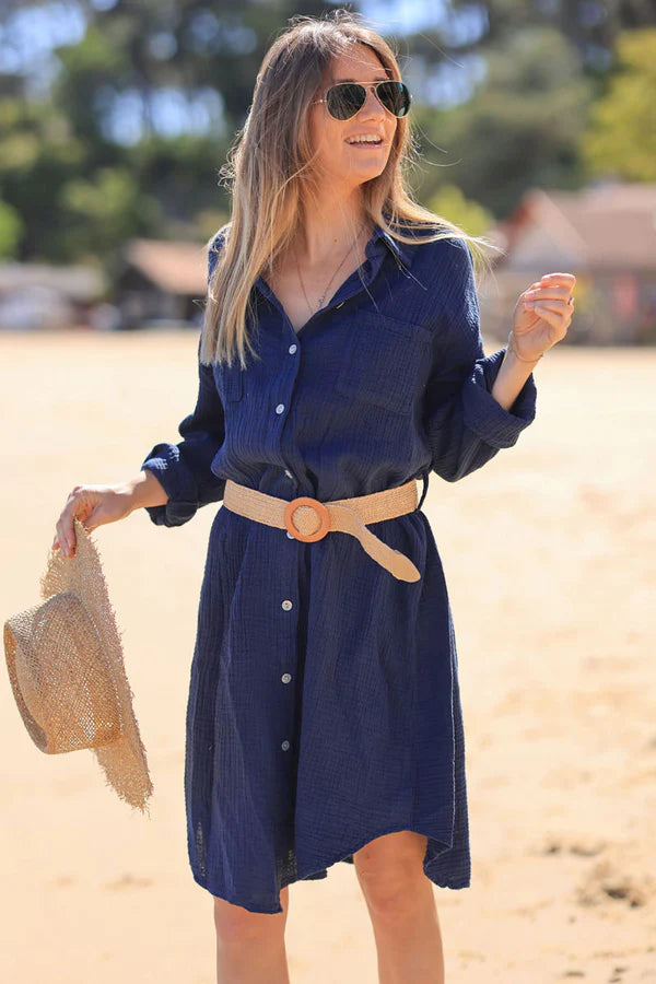 Navy blue crinkle cotton gauze shirt dress with raffia style belt