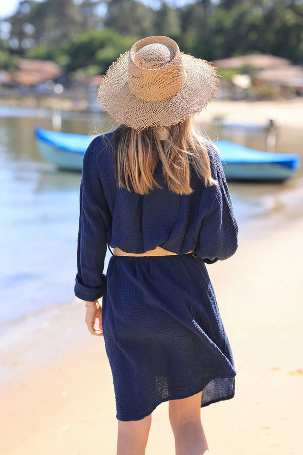 Navy blue crinkle cotton gauze shirt dress with raffia style belt