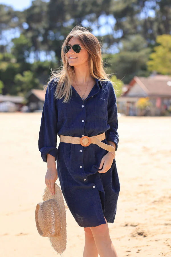 Navy blue crinkle cotton gauze shirt dress with raffia style belt