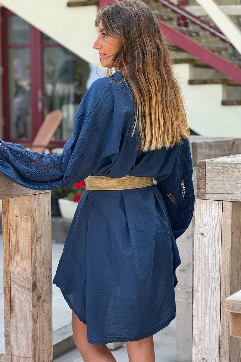 Navy Blue Crochet Sleeve Button-Down Tunic Dress