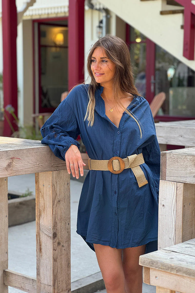 Navy Blue Crochet Sleeve Button-Down Tunic Dress