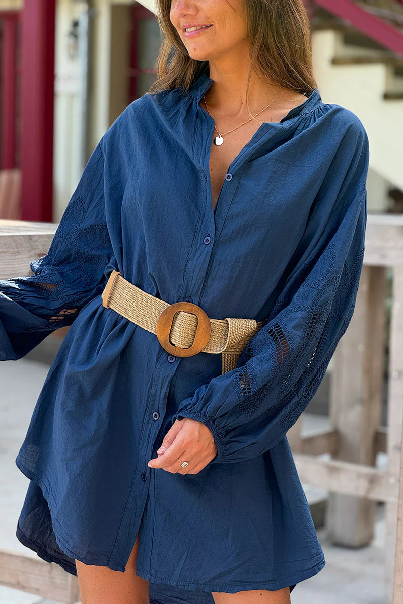 Navy Blue Crochet Sleeve Button-Down Tunic Dress
