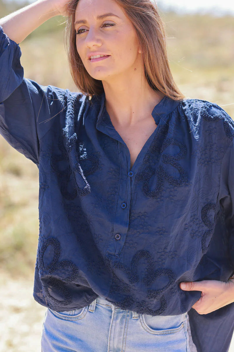 Navy Blue Gauze Boucle Embroidered Blouse