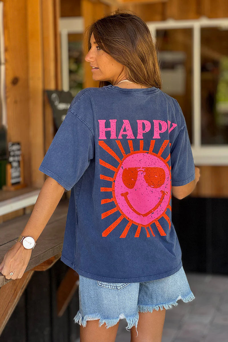 Navy blue Happy Sun Screen Print Tee
