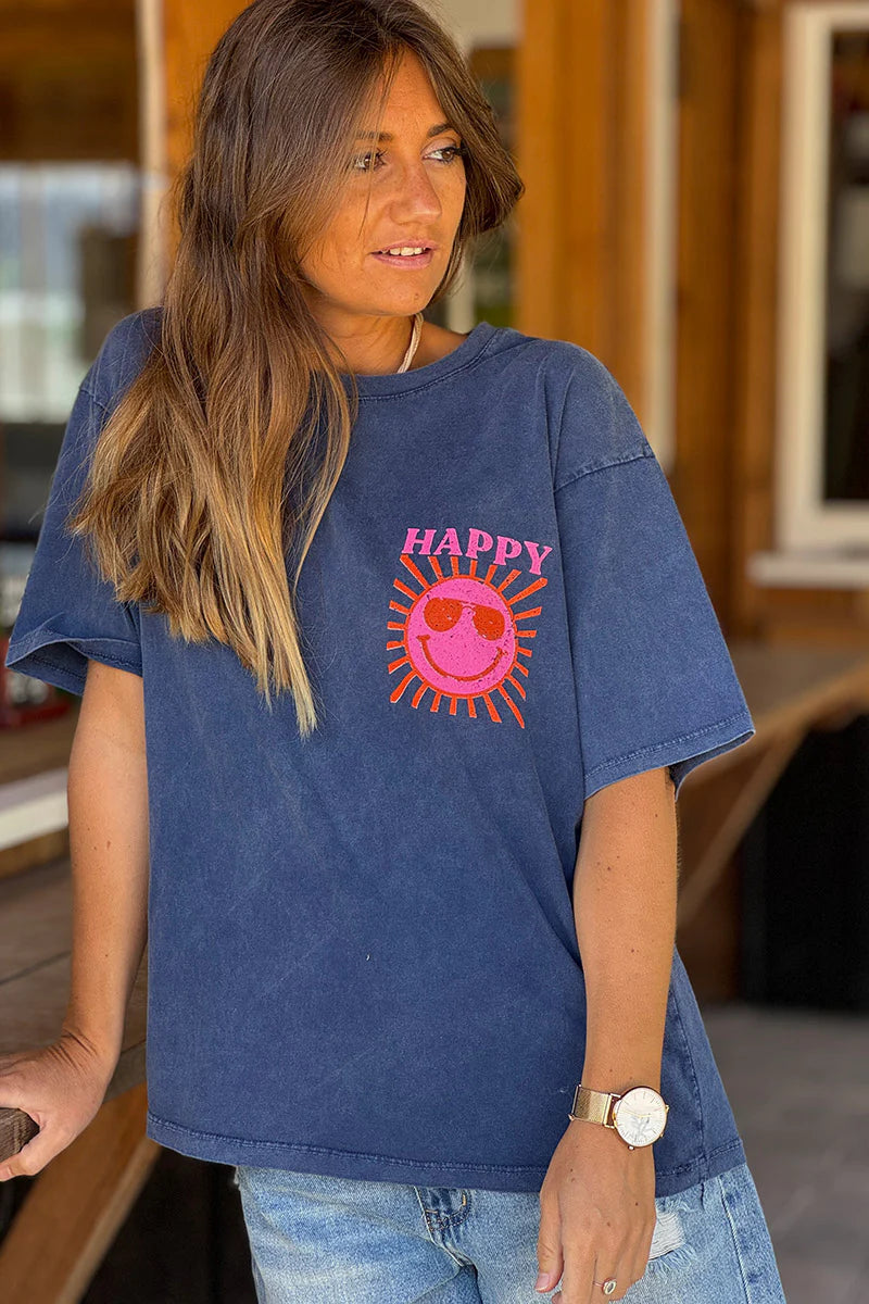 Navy blue Happy Sun Screen Print Tee