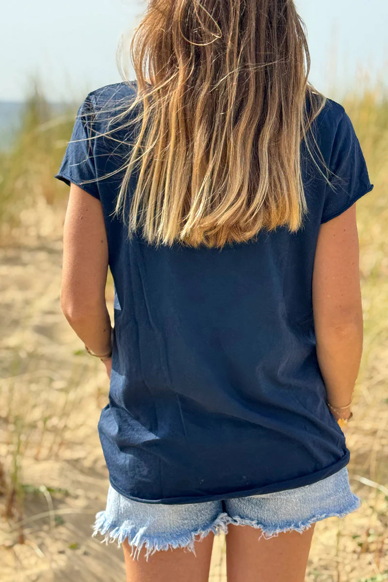 Navy Blue Ibiza Sun V-Neck Tee