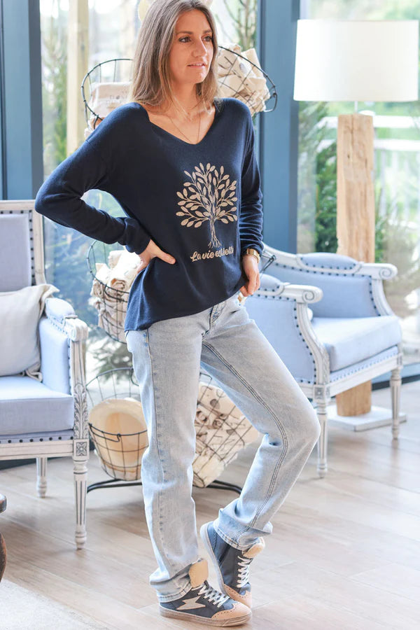 Navy blue “La Vie Est Belle” Gold Glitter Tree Long-Sleeve Tee