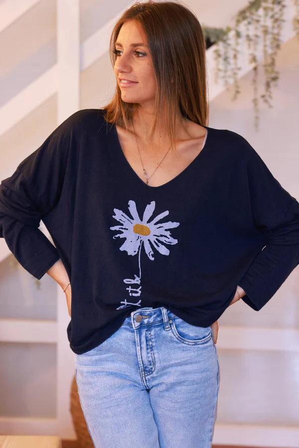 Navy Blue “Let it Be” Daisy Long-Sleeve Knit Top