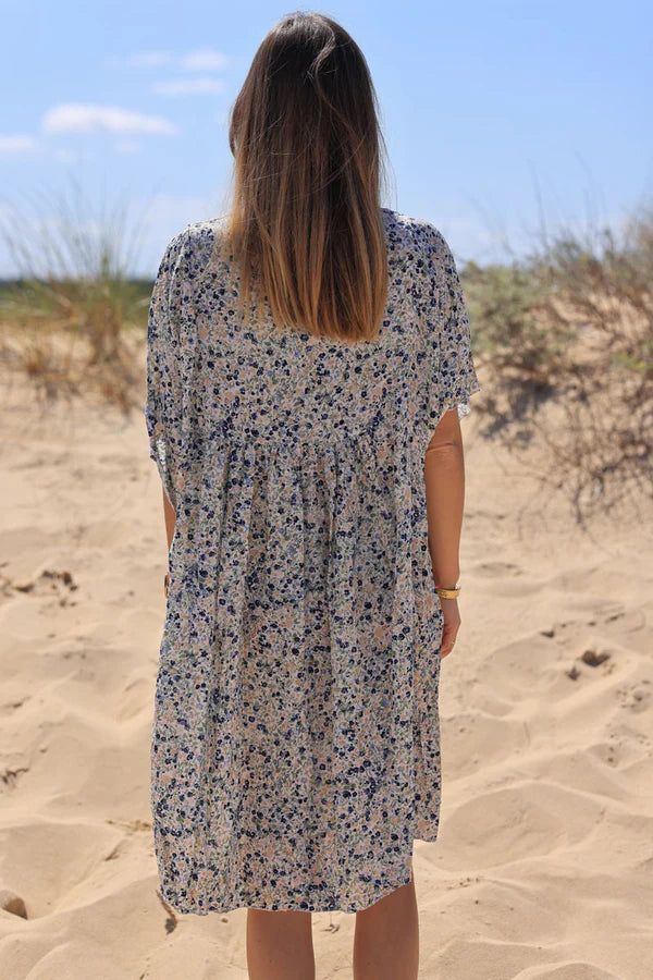 Navy blue liberty print flowing smock dress Jeanne