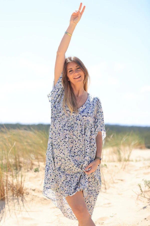 Navy blue liberty print flowing smock dress Jeanne