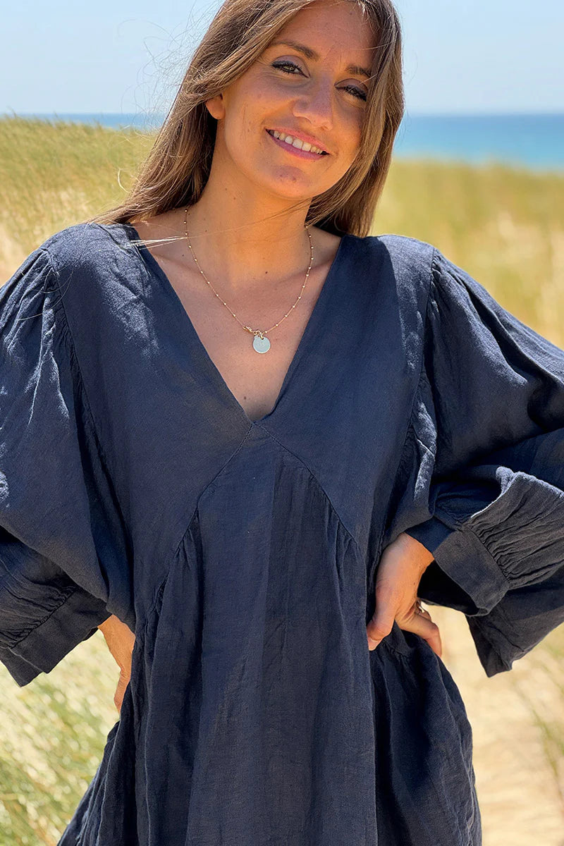 Navy blue Linen Babydoll Dress