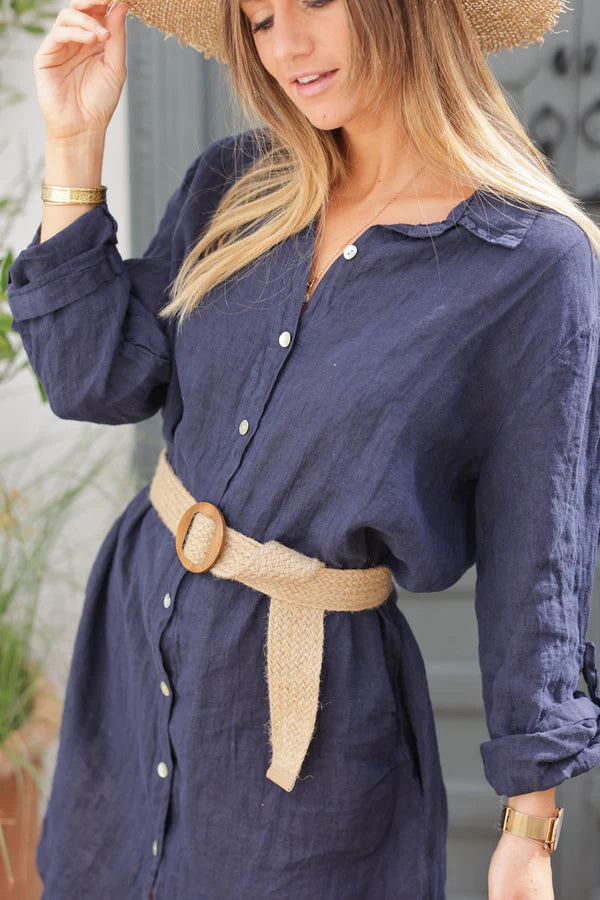 Navy blue linen shirt dress with mother of pearl buttons and pockets