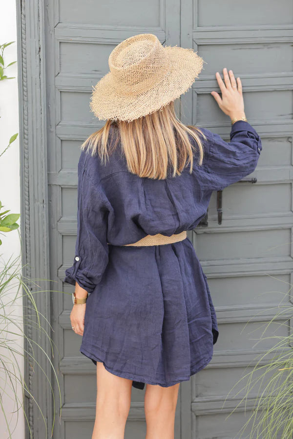 Navy blue linen shirt dress with mother of pearl buttons and pockets