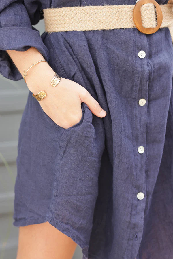 Navy blue linen shirt dress with mother of pearl buttons and pockets