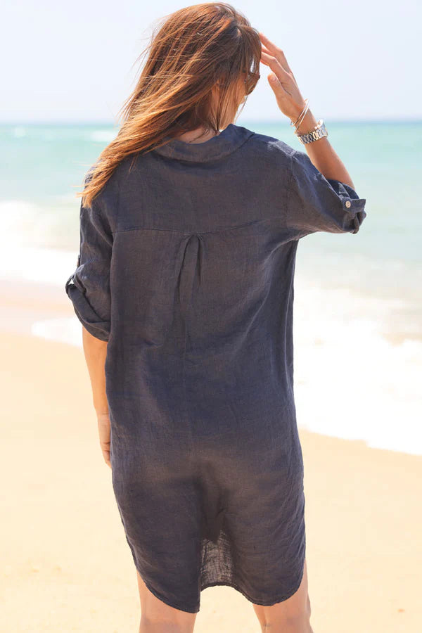 Navy blue linen shirt dress with wooden buttons