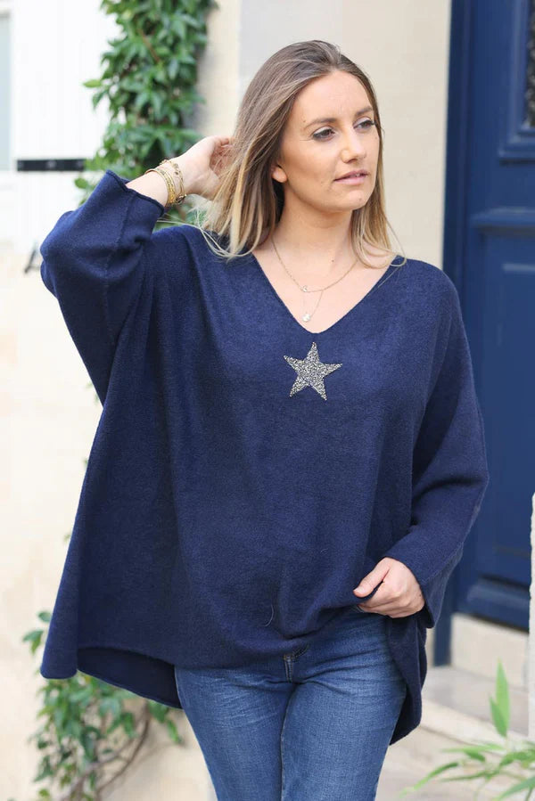 Navy blue Oversized super soft Sweater with Silver Rhinestone Star