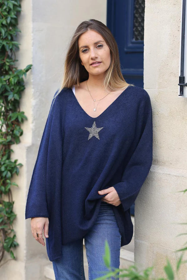 Navy blue Oversized super soft Sweater with Silver Rhinestone Star