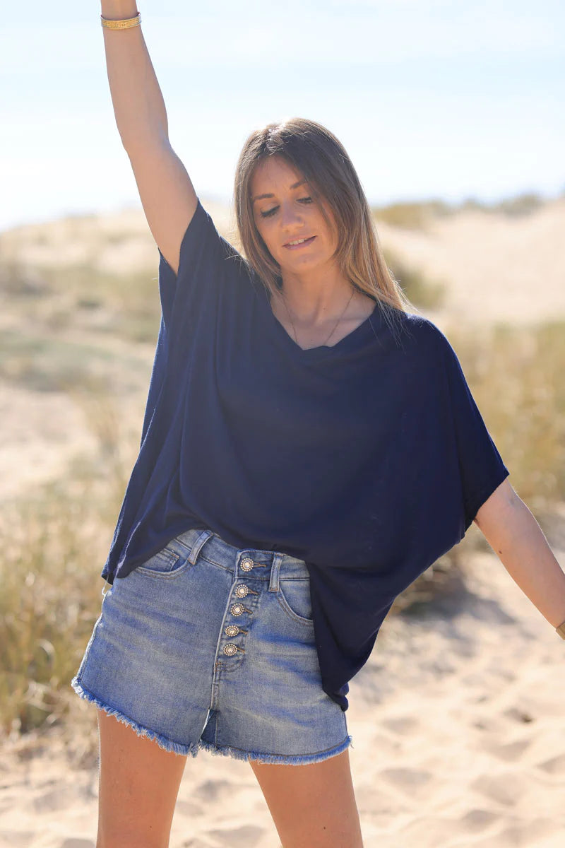 Navy Blue Relaxed Fit Batwing Super Soft T-shirt