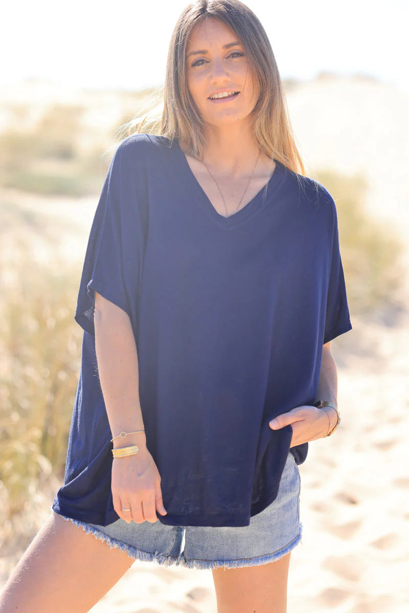 Navy Blue Relaxed Fit Batwing Super Soft T-shirt