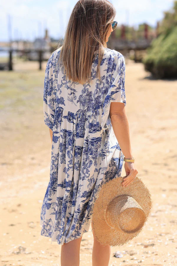 Navy blue short smock dress in toile de jouy print