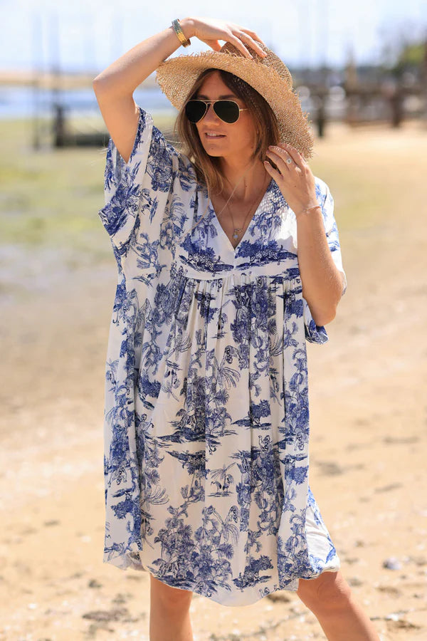 Navy blue short smock dress in toile de jouy print