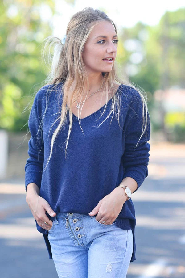 Navy Blue Soft Basic V-neck Sweater