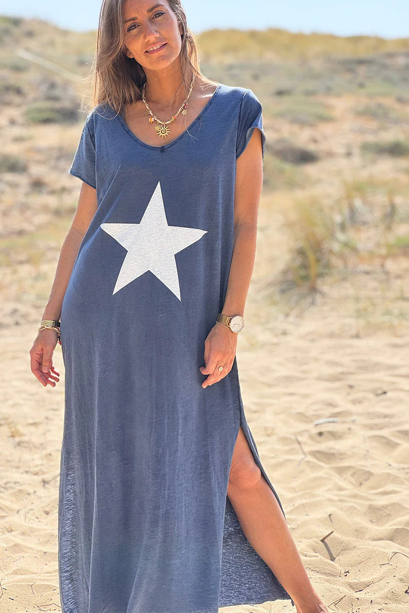 Navy Blue Star Tshirt Maxi Dress